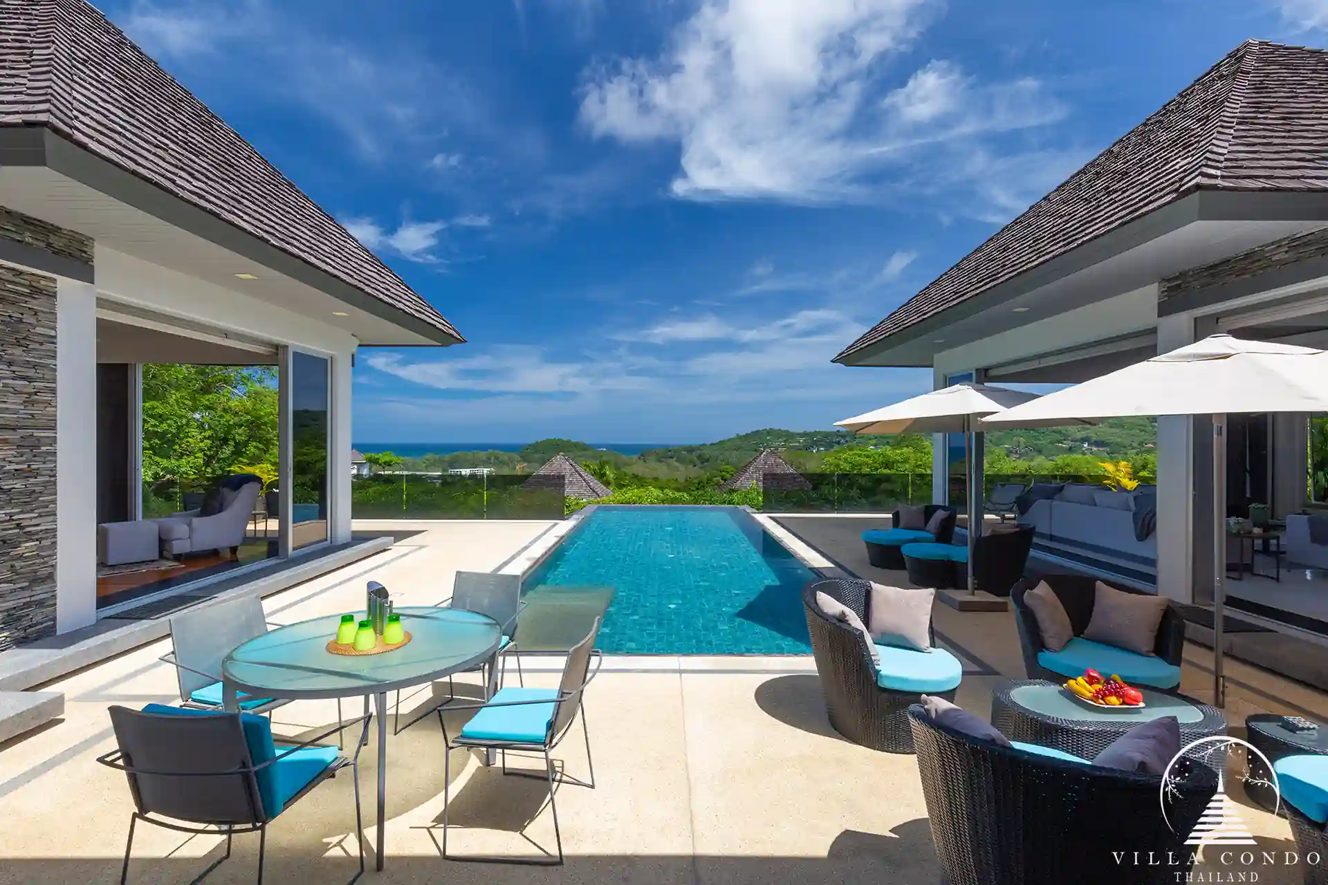 Expansive outdoor terrace at Villa Nova at Layan Hillside with panoramic sea views.