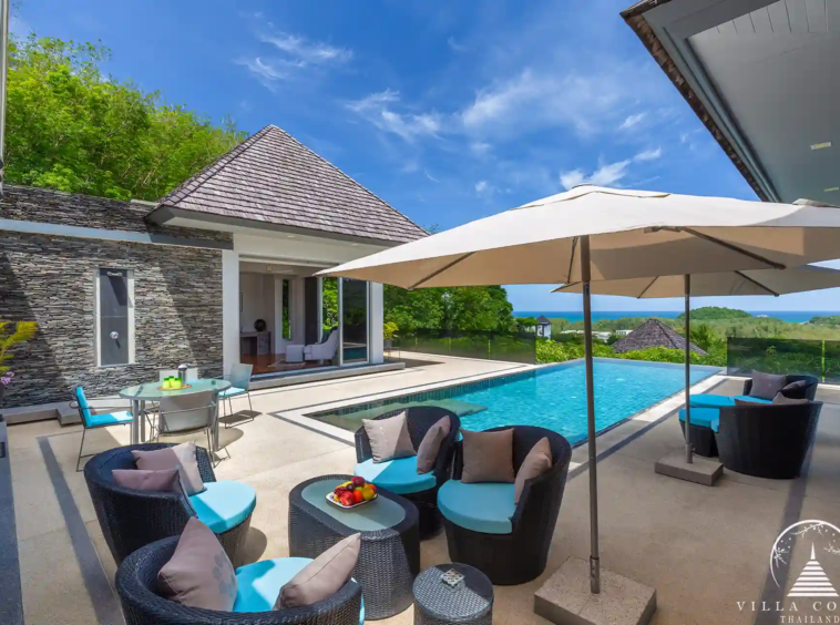Expansive outdoor terrace at Villa Nova at Layan Hillside with panoramic sea views.
