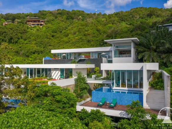 Exterior view of Villa Solaris Kamala with panoramic sea and sunset views.