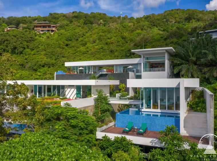 Exterior view of Villa Solaris Kamala with panoramic sea and sunset views.