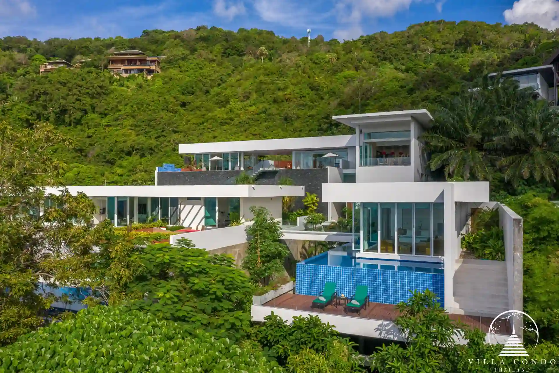 Exterior view of Villa Solaris Kamala with panoramic sea and sunset views.