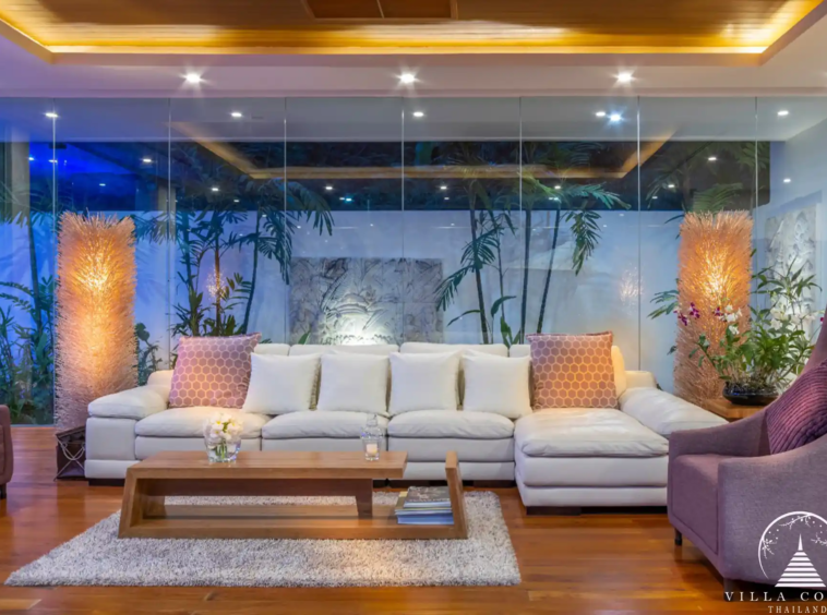 Spacious living area with panoramic ocean views in Villa Solaris Kamala.