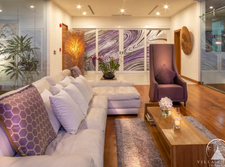 Spacious living area with panoramic ocean views in Villa Solaris Kamala.