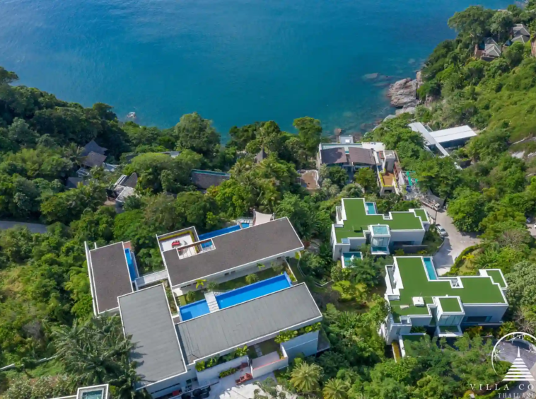 Bird’s eye view of Villa Solaris Kamala and its surroundings.