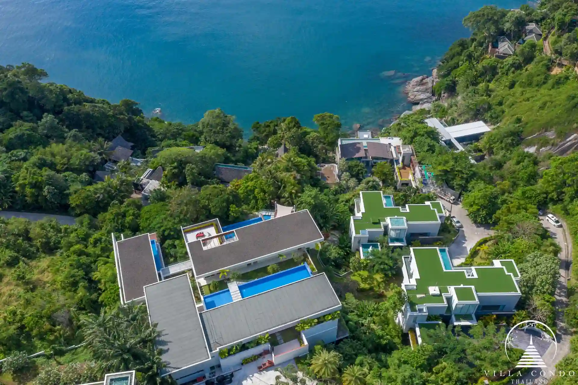 Bird’s eye view of Villa Solaris Kamala and its surroundings.