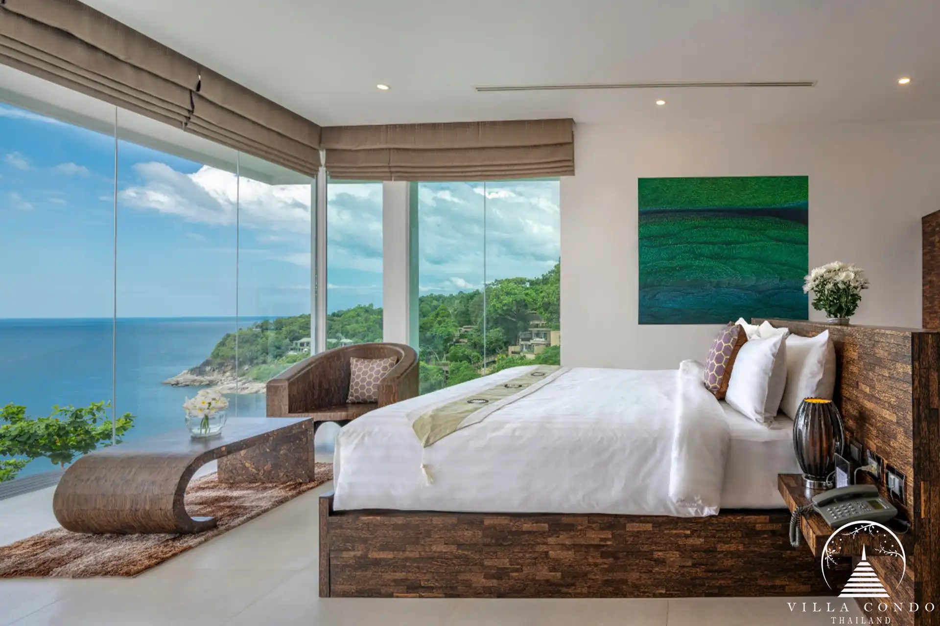 Master bedroom with private pool and sea views at Villa Solaris Kamala.