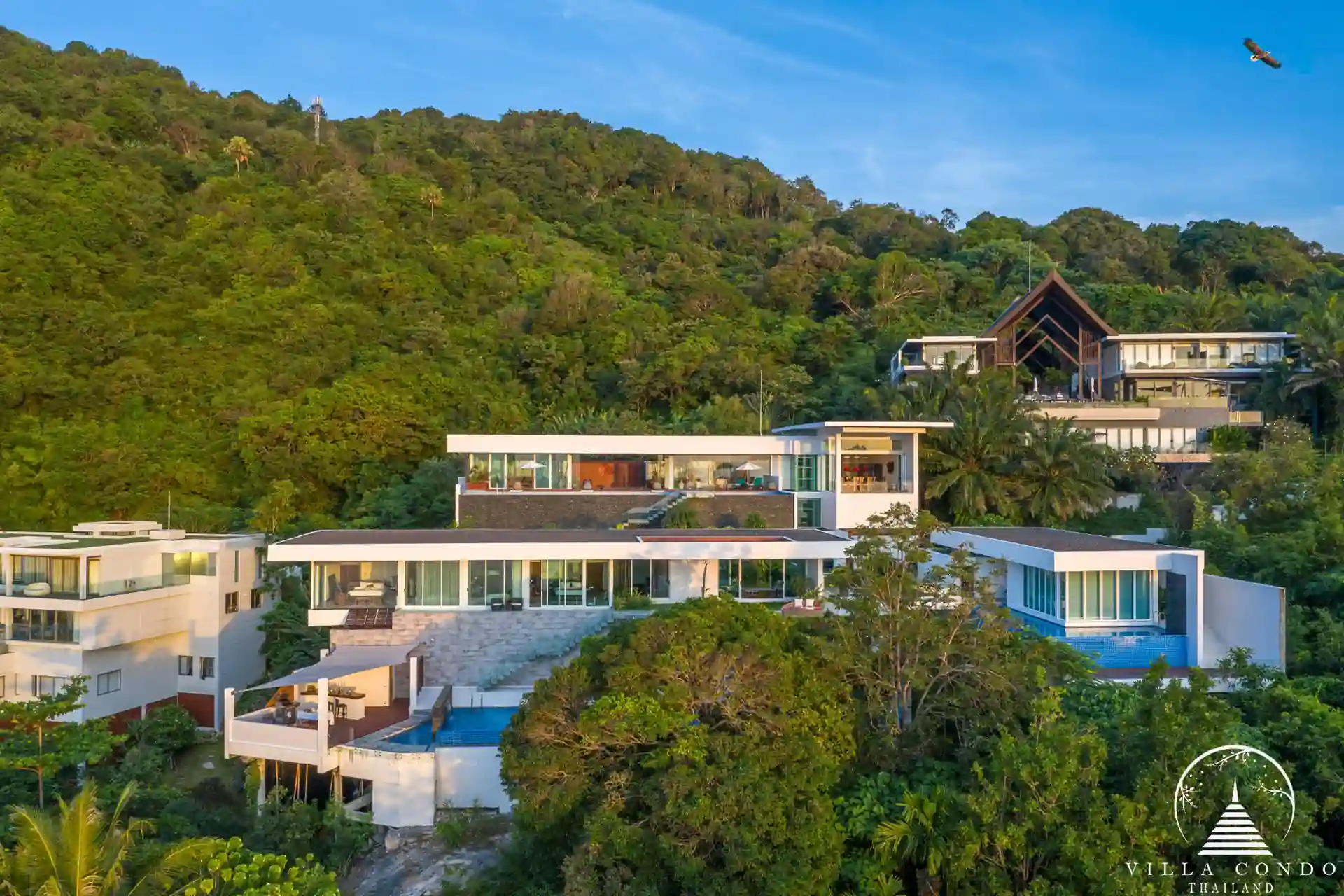 Exterior view of Villa Solaris Kamala with panoramic sea and sunset views.
