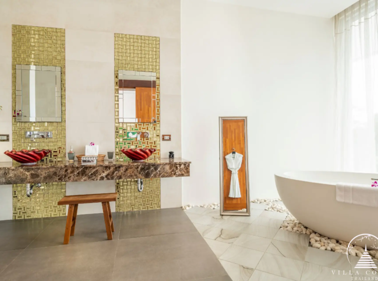 Spacious and luxurious bathroom with sea views in Villa Solaris Kamala.