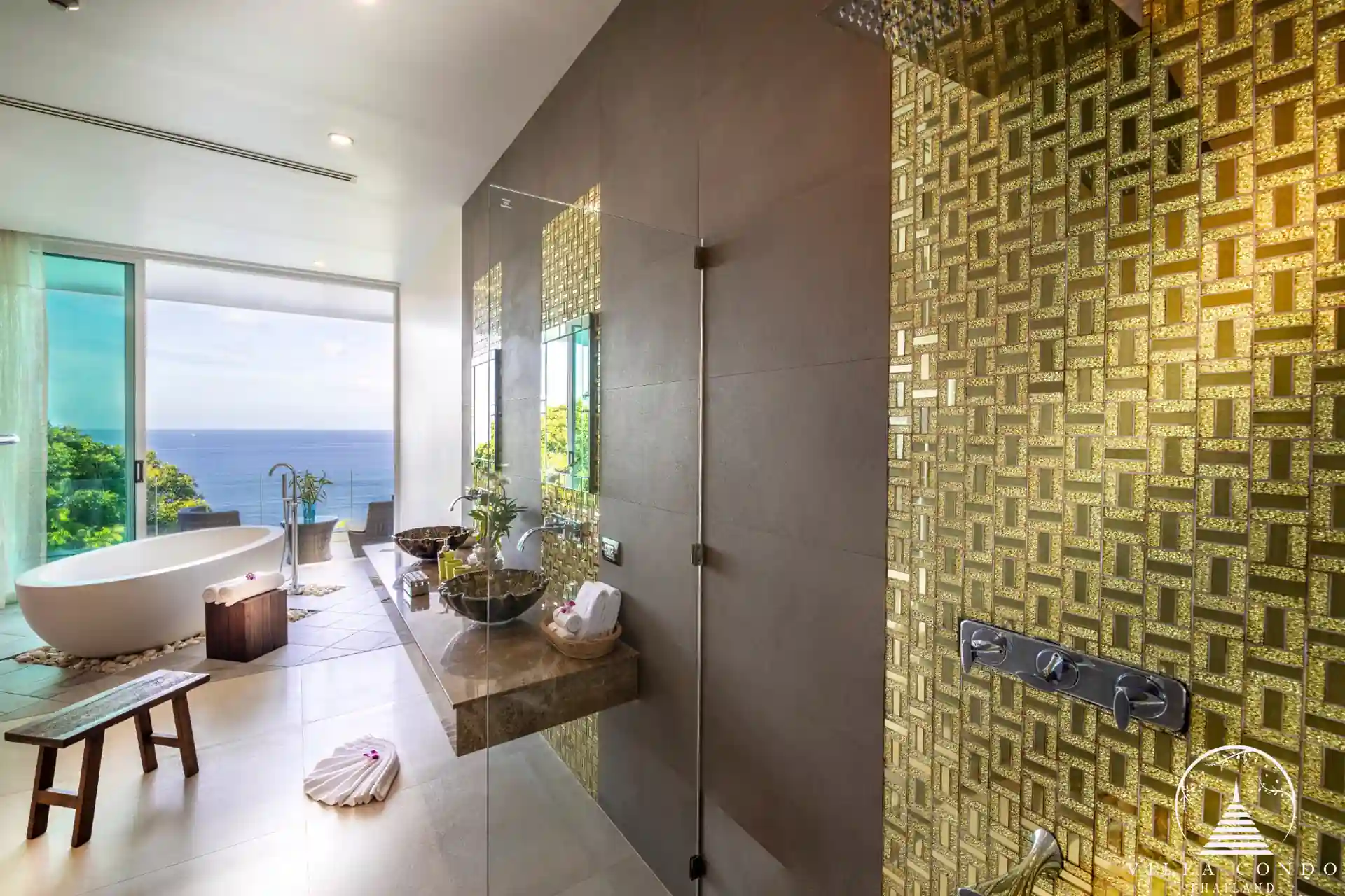 Bathroom with panoramic sea views at Villa Solaris Kamala.