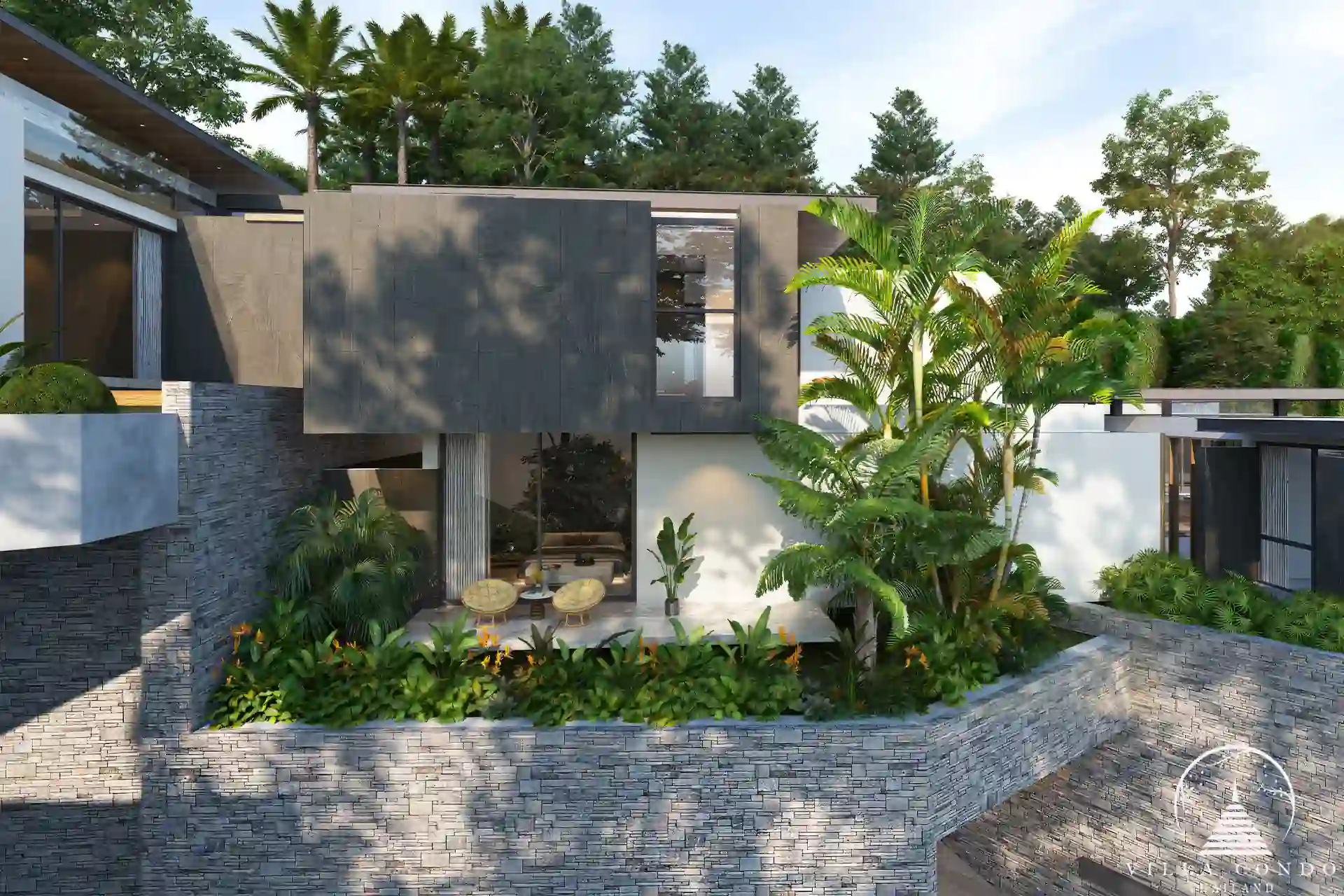 Walai Layan Villas Phase 2 outdoor area with lush garden.