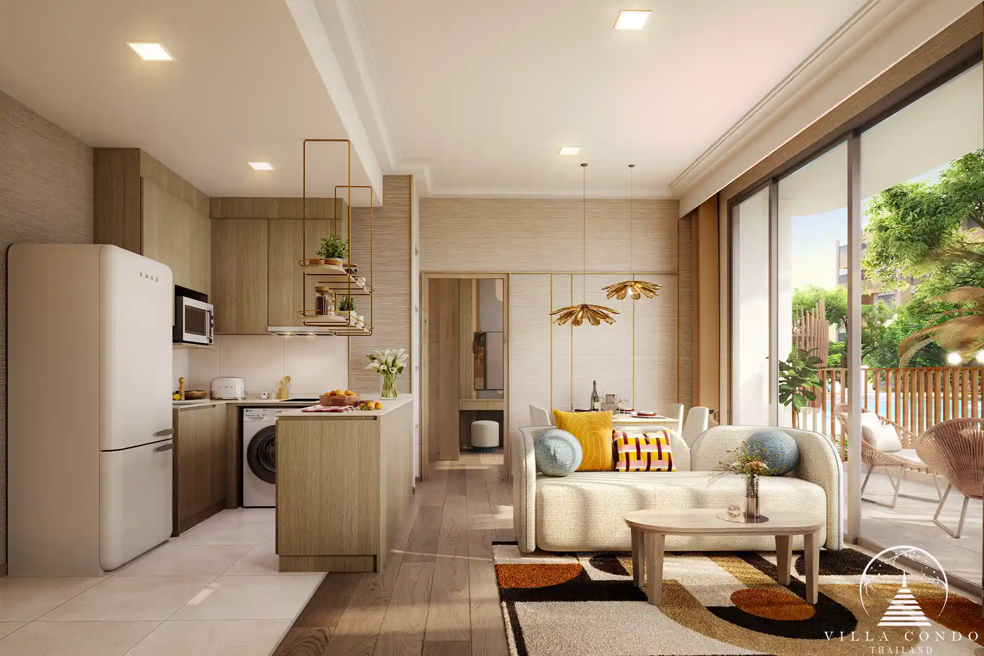 Spacious living area in CANVAS Cherng Talay, featuring modern furnishings and large windows.