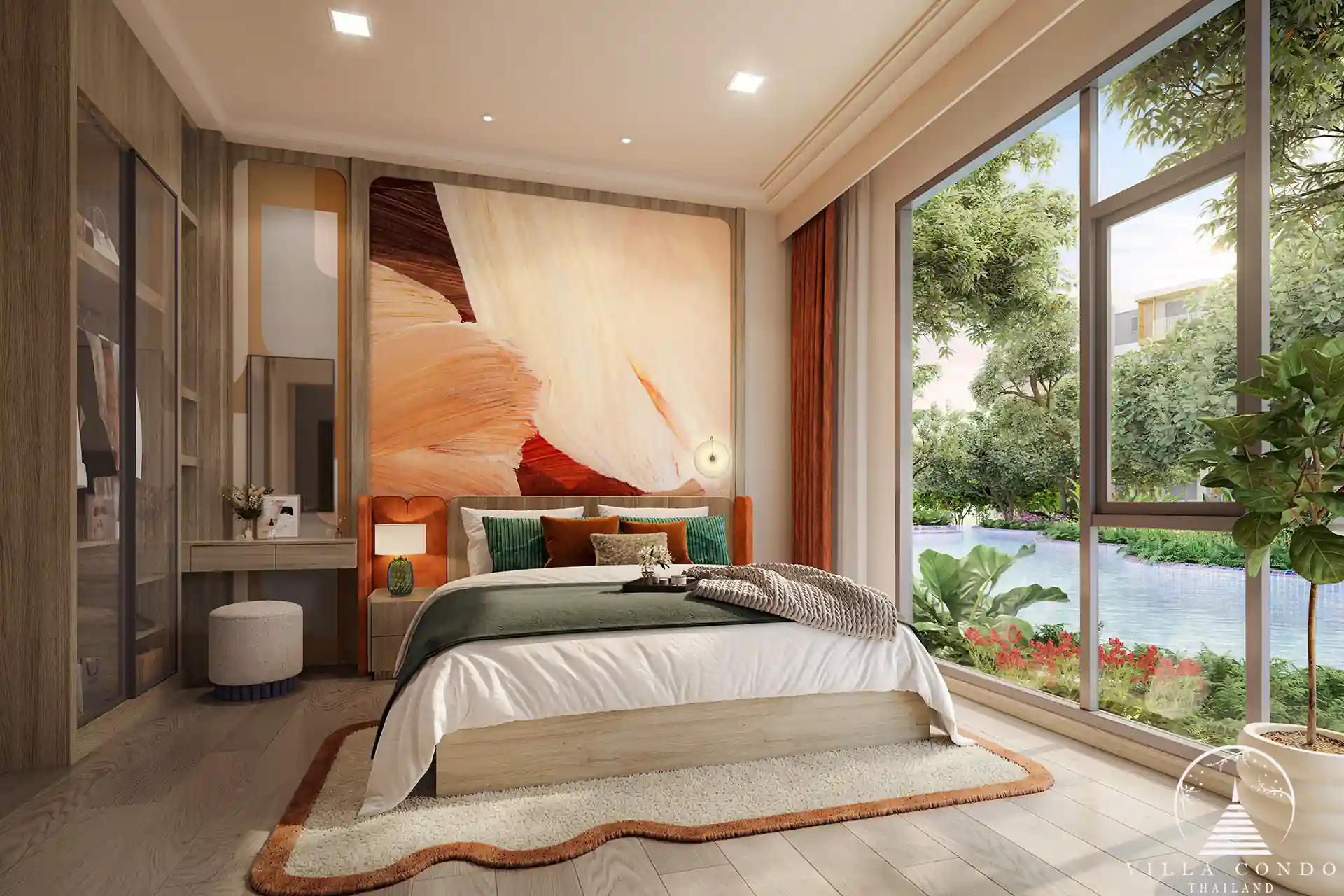 Elegant bedroom in CANVAS Cherng Talay with large windows and ocean-inspired decor.