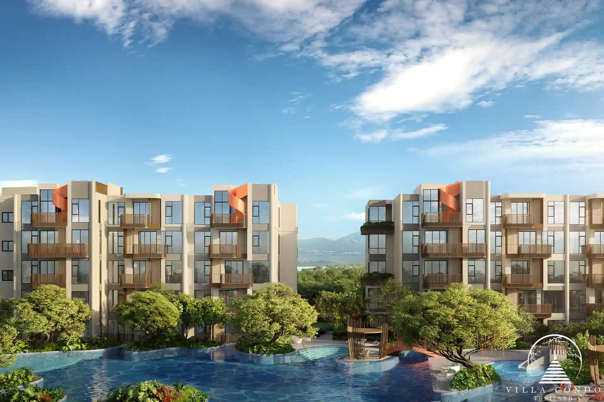 Exterior view of CANVAS Cherng Talay condominium, showcasing modern design and lush surroundings.