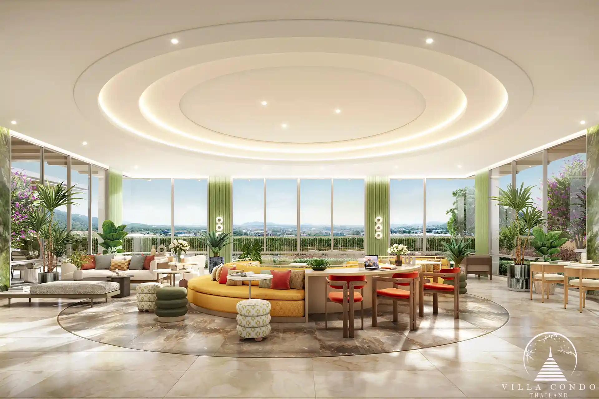 Luxurious condo lobby at CANVAS Cherng Talay with semi-outdoor terrace and pool views.