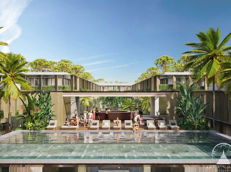 Common pool at Gardens of Eden surrounded by tropical gardens and sunbeds.