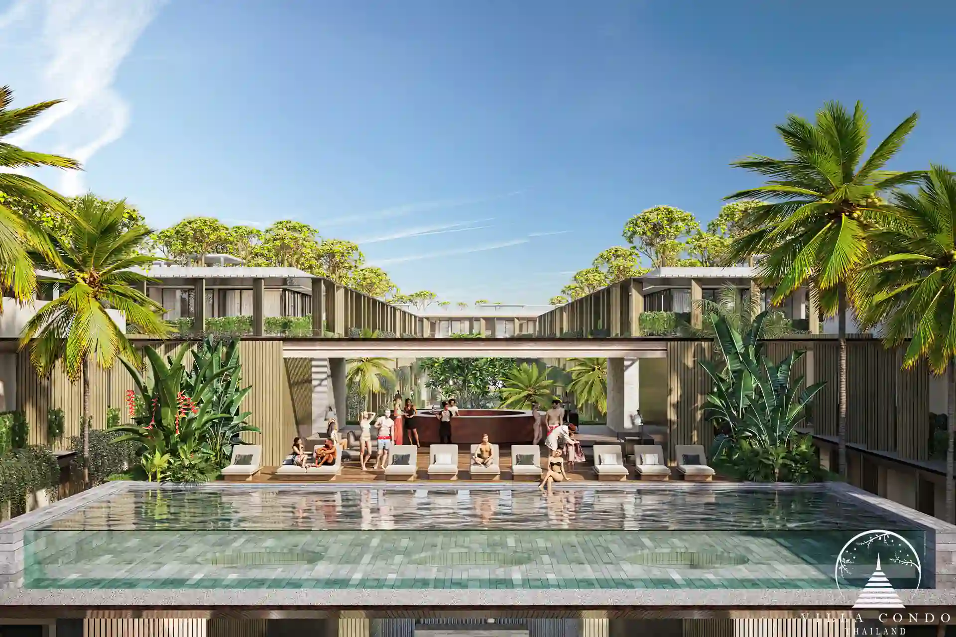 Common pool at Gardens of Eden surrounded by tropical gardens and sunbeds.