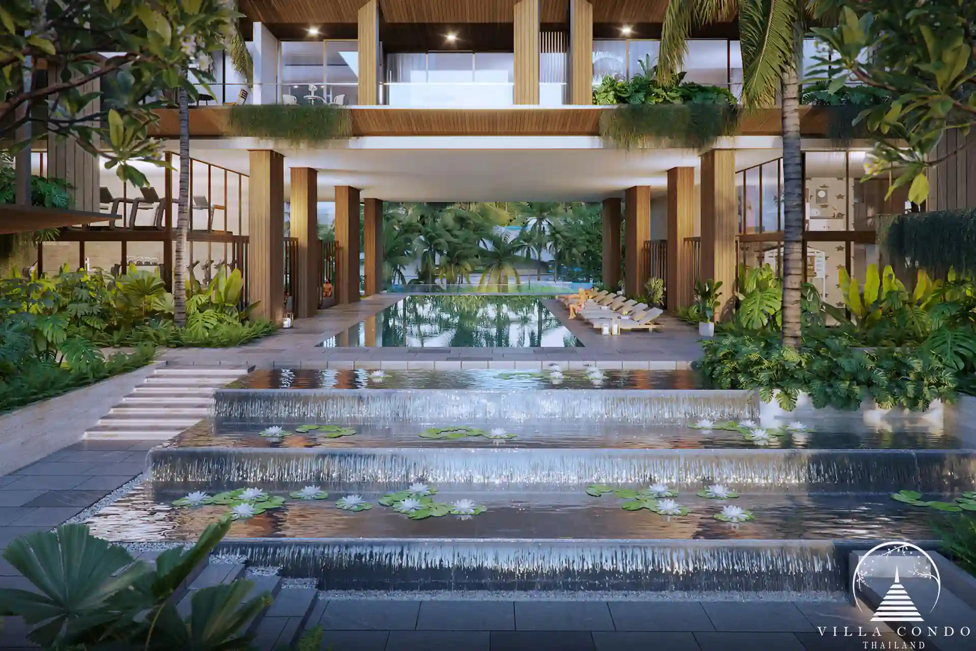 Club house at Gardens of Eden near the lagoon with relaxing lounge areas.