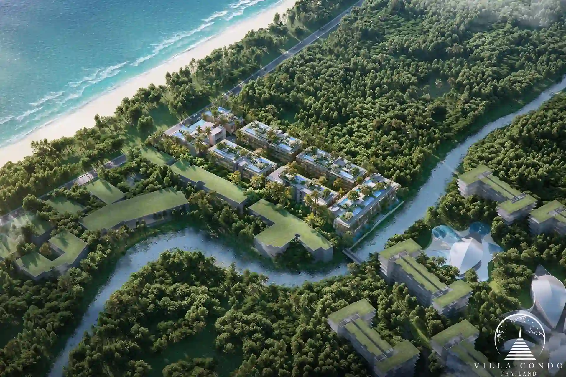 Beachfront view of Gardens of Eden residences with direct access to Bangtao Beach.