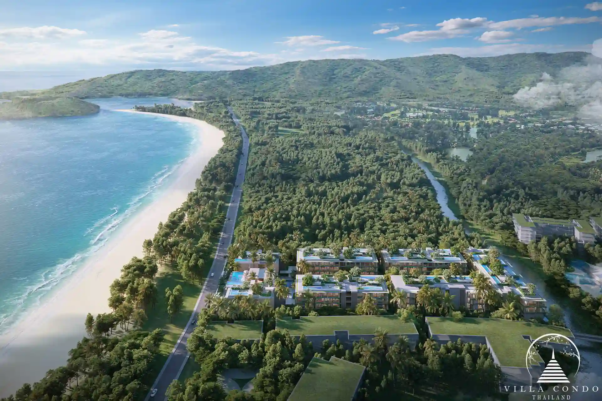 Bird’s eye view of Gardens of Eden showing its proximity to Bangtao Beach and natural surroundings.