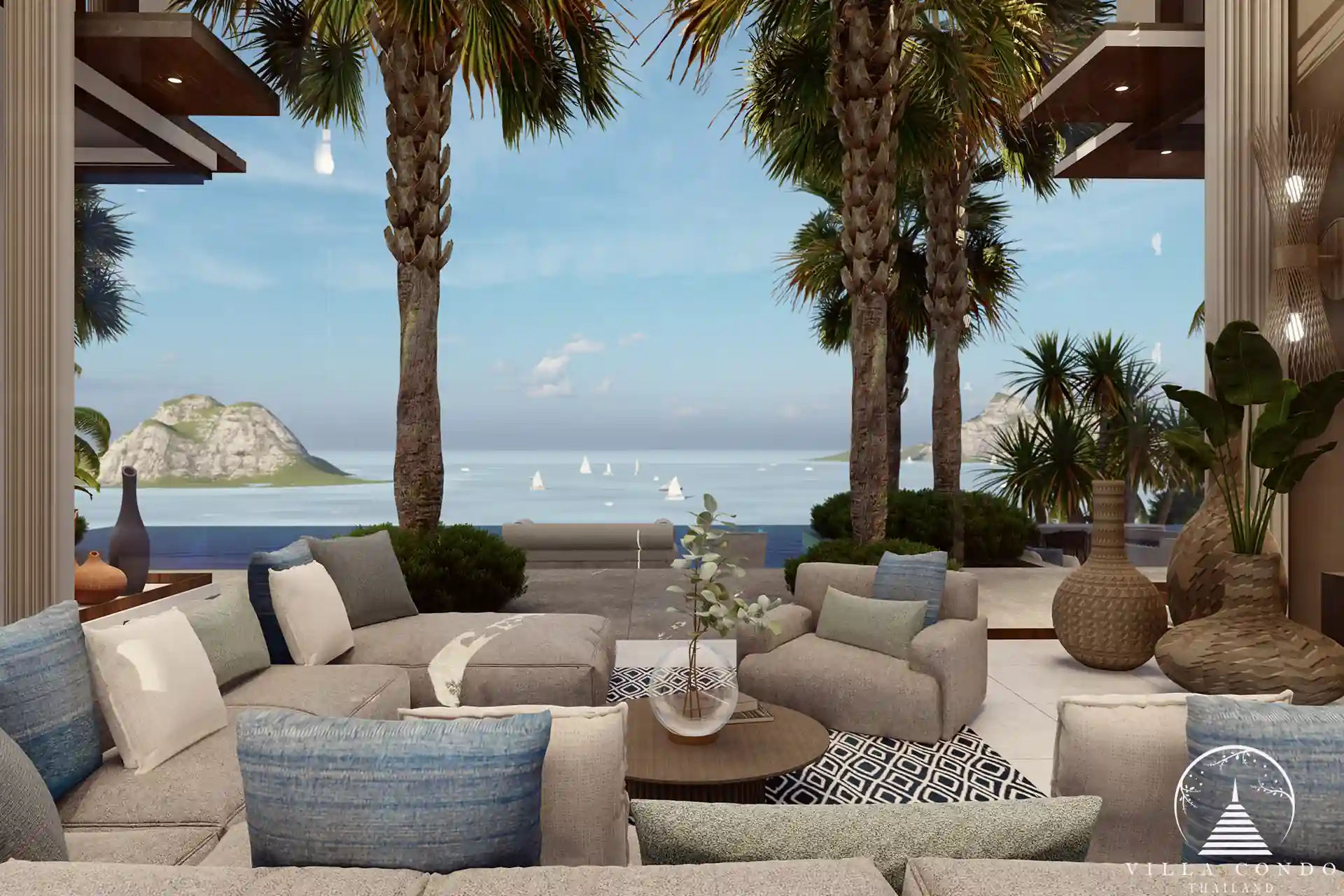 Outdoor living area at Narana Villa Phuket with poolside views.