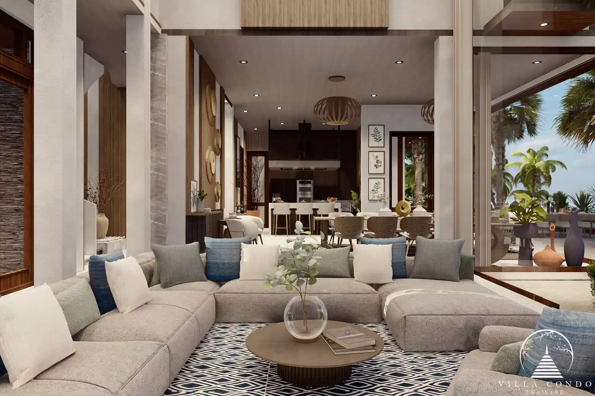 Spacious living area at Narana Villa Phuket with floor-to-ceiling windows.
