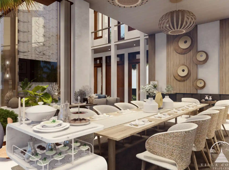 Elegant dining area at Narana Villa Phuket with a modern table and scenic garden views.