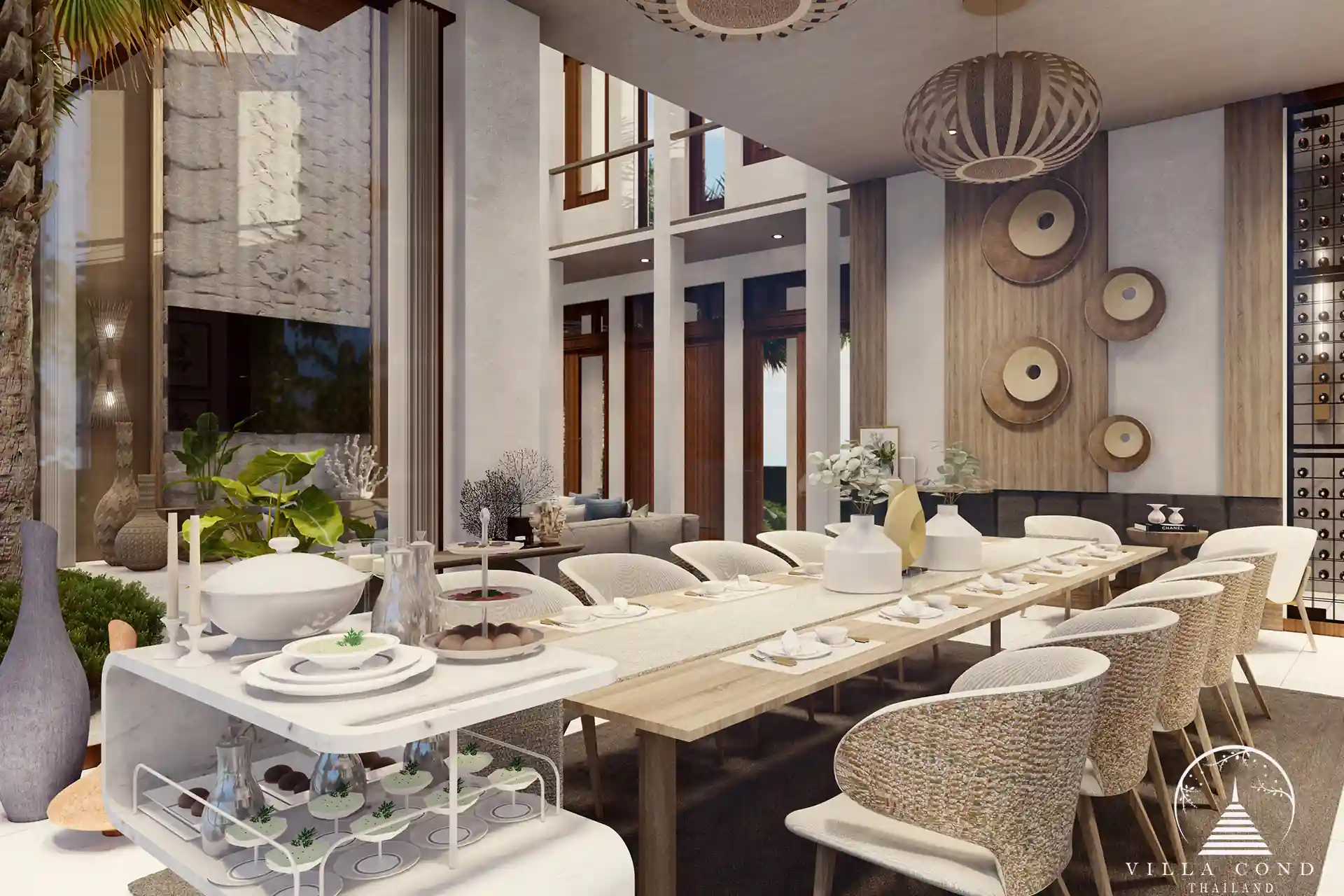 Elegant dining area at Narana Villa Phuket with a modern table and scenic garden views.