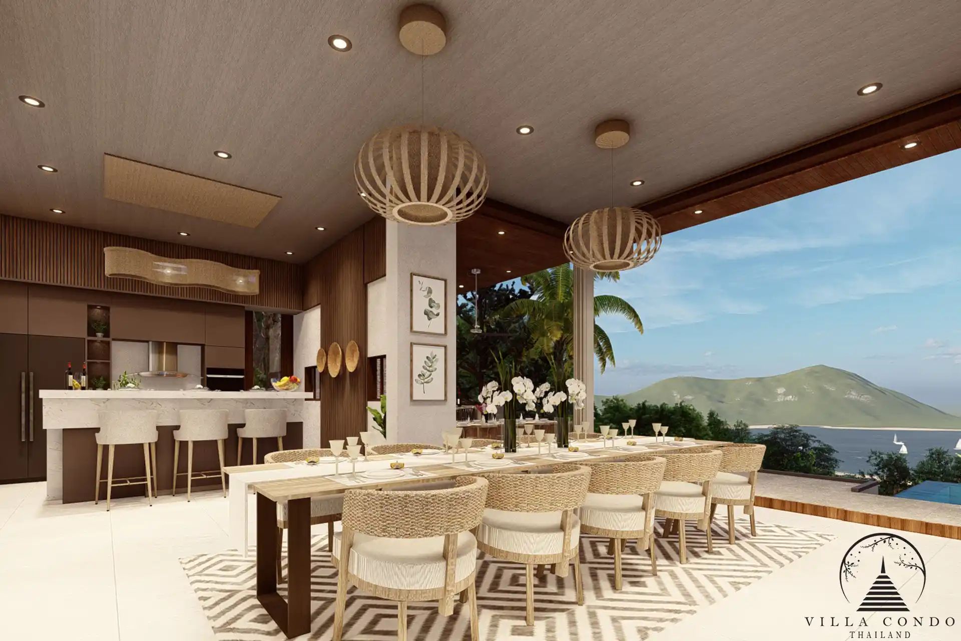 Elegant dining area at Narana Villa Phuket with a modern table and scenic garden views.