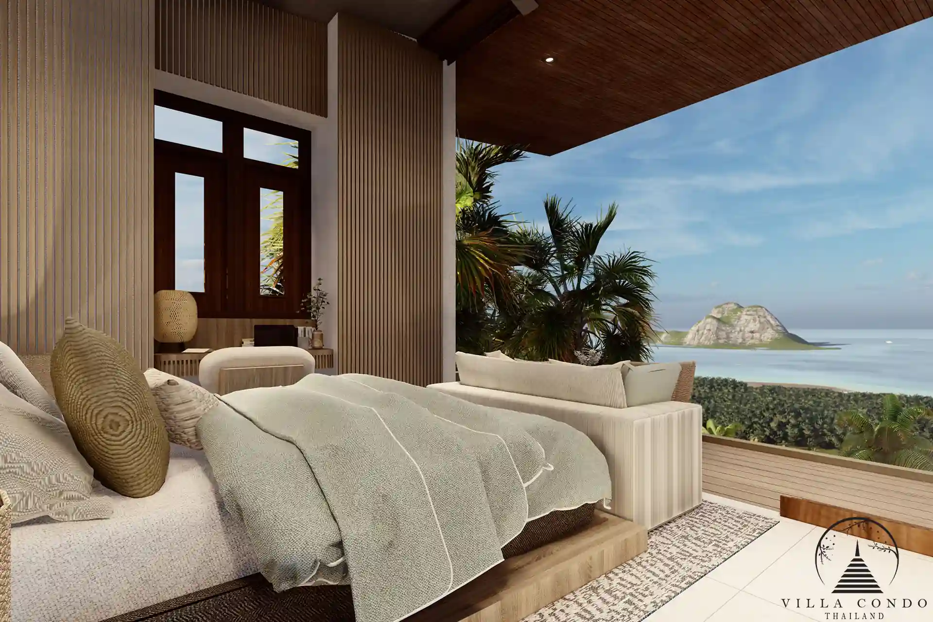 Luxurious master bedroom at Narana Villa Phuket, featuring large windows and a stunning view.