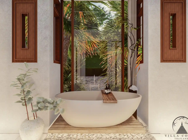 Elegant master bathroom at Narana Villa Phuket with a large soaking tub and modern fixtures.