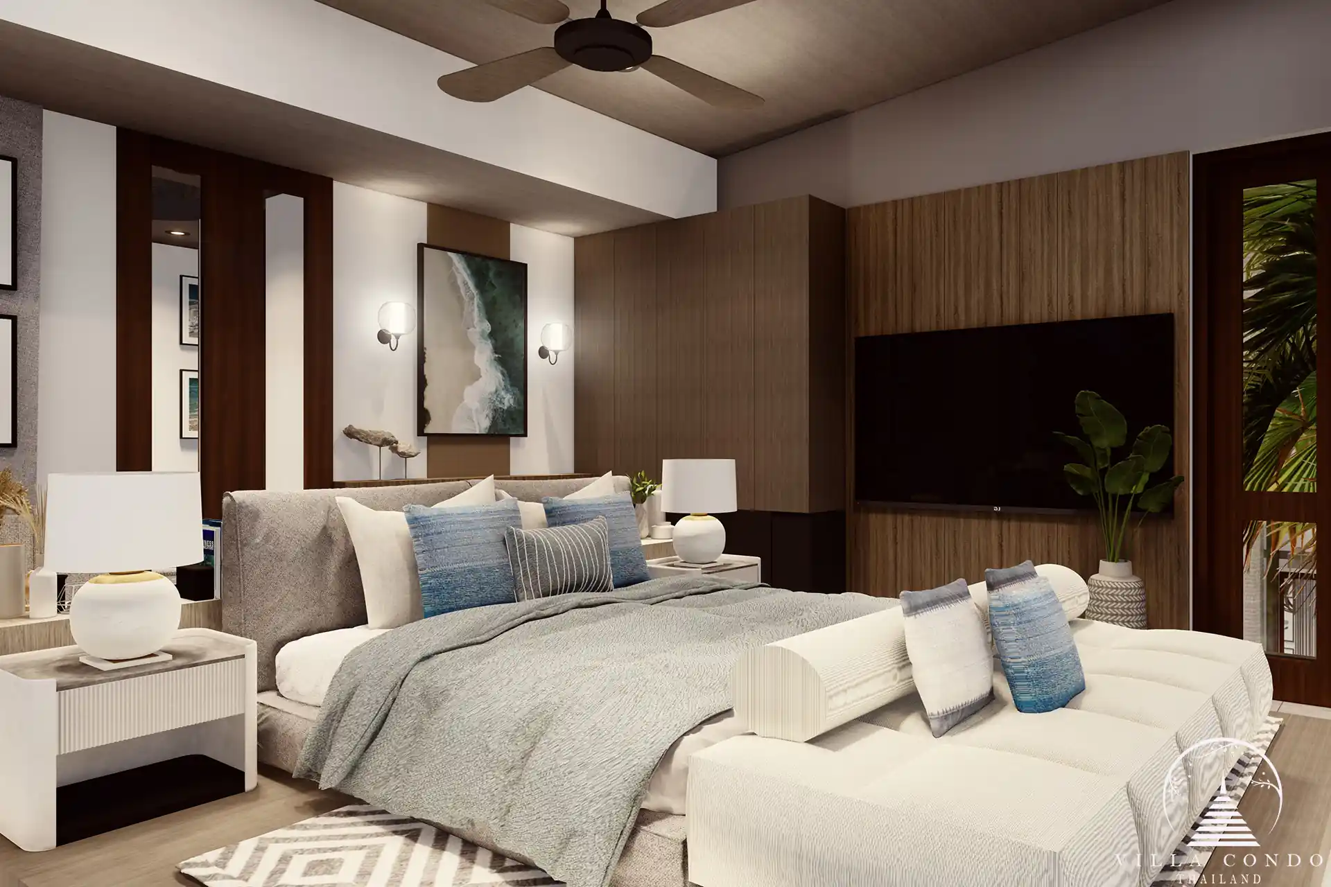 Cozy guest bedroom at Narana Villa Phuket, offering comfort and style with a garden view.