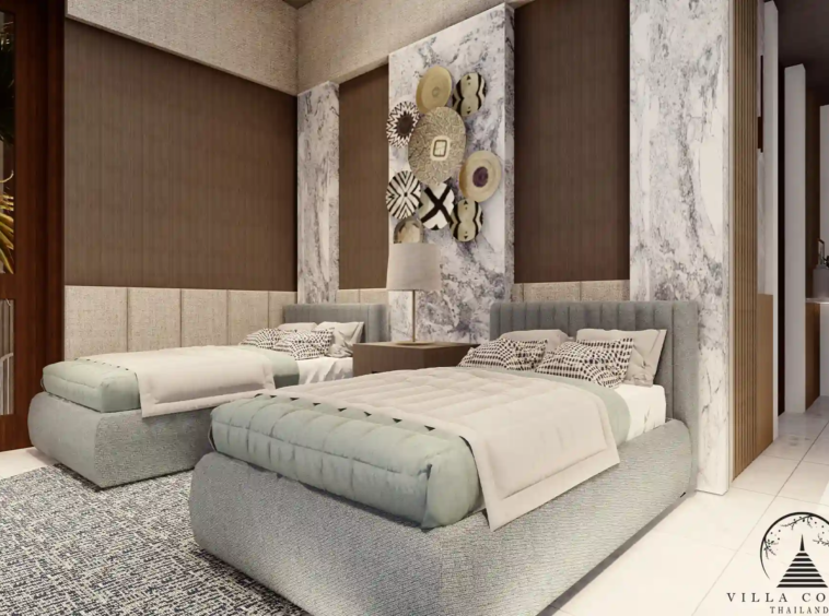 Cozy guest bedroom at Narana Villa Phuket, offering comfort and style with a garden view.