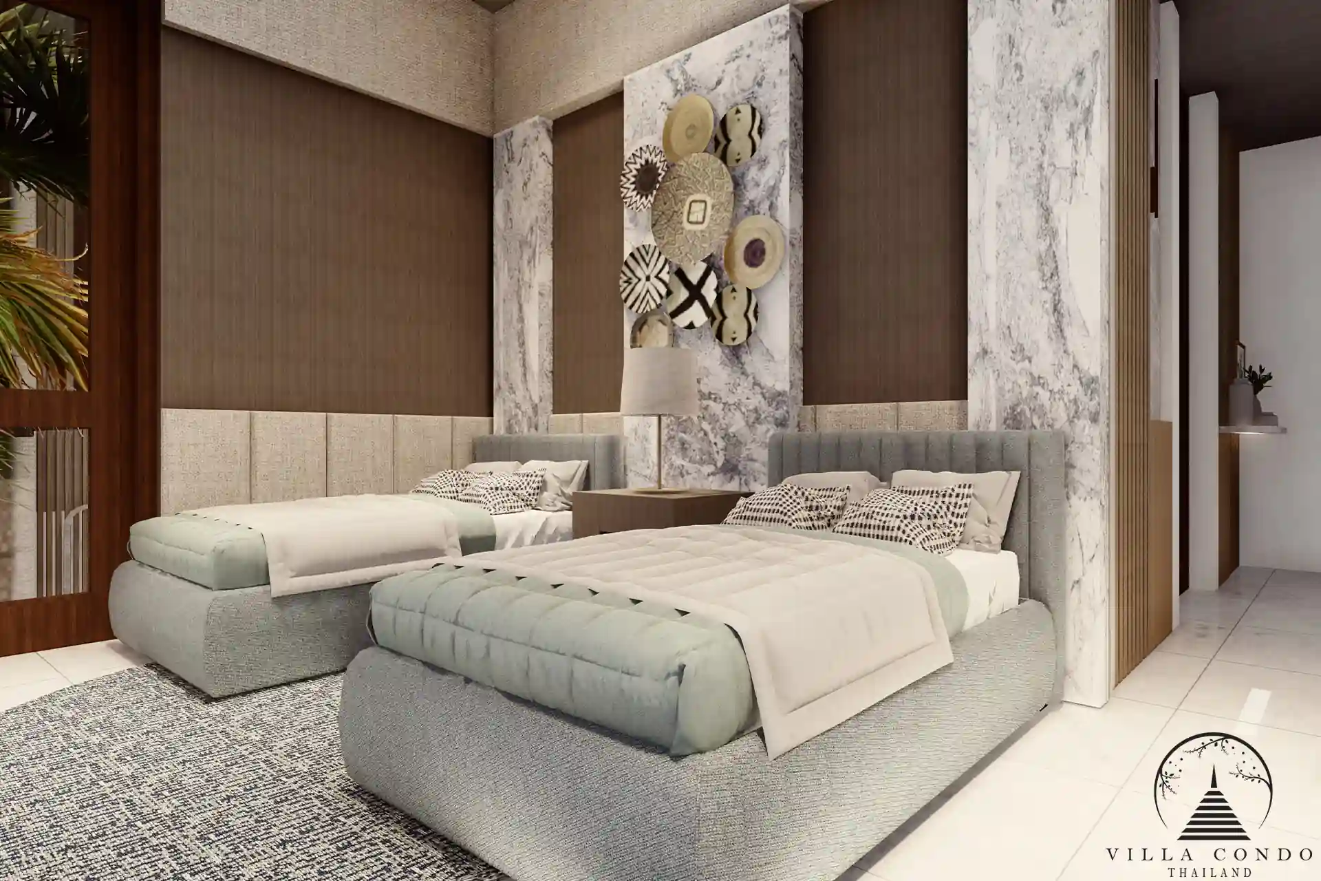 Cozy guest bedroom at Narana Villa Phuket, offering comfort and style with a garden view.