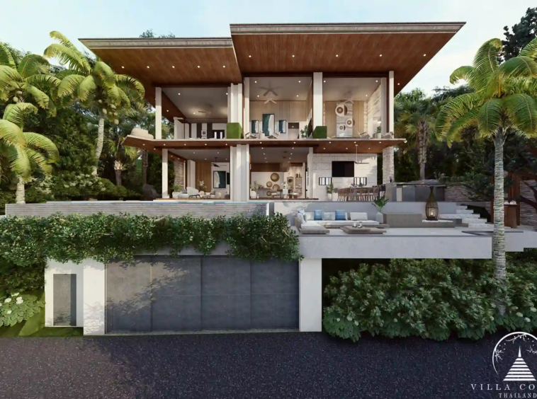 Grand entrance of Narana Villa Phuket with modern design and lush greenery.