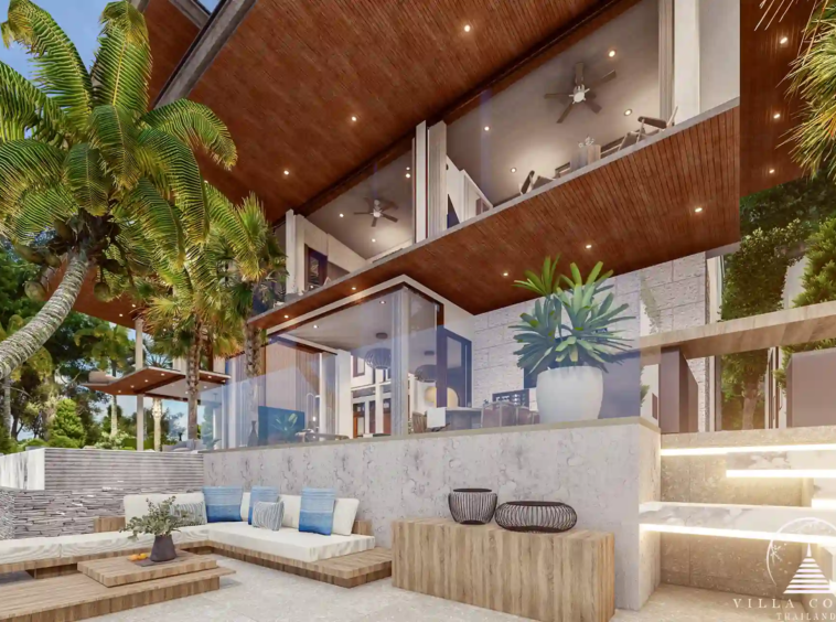 Outdoor living area at Narana Villa Phuket with poolside views.