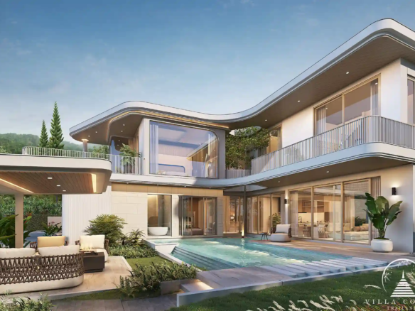 Back exterior view of Nature's Rest Villa Sai Yuan with private pool and lush greenery.