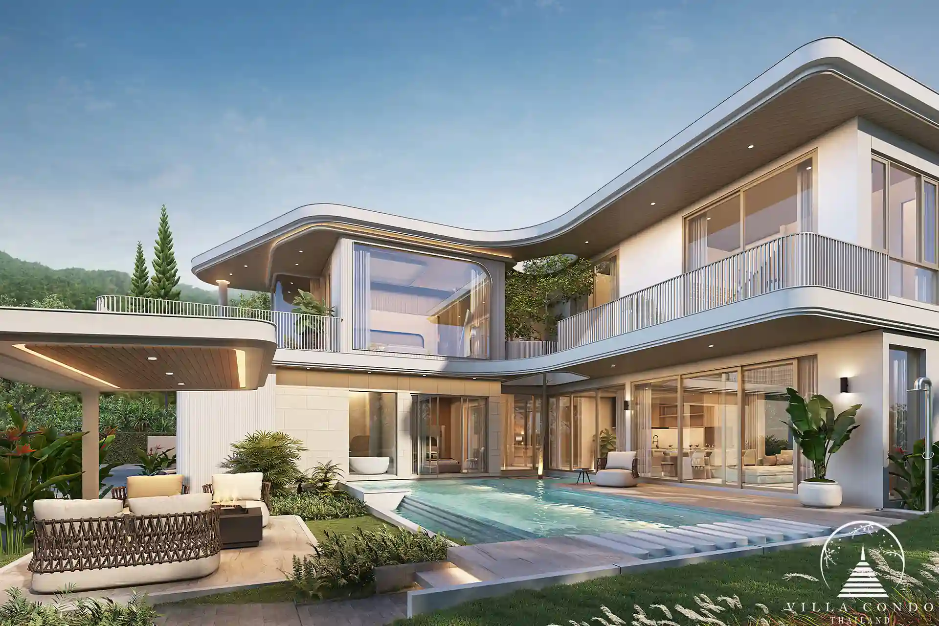 Back exterior view of Nature's Rest Villa Sai Yuan with private pool and lush greenery.