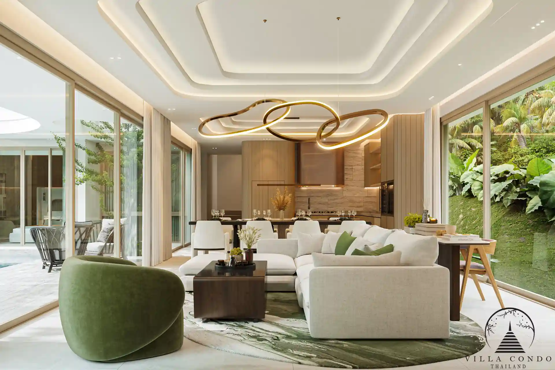 Spacious living area at Nature's Rest Villa Sai Yuan with pool view and contemporary furnishings.