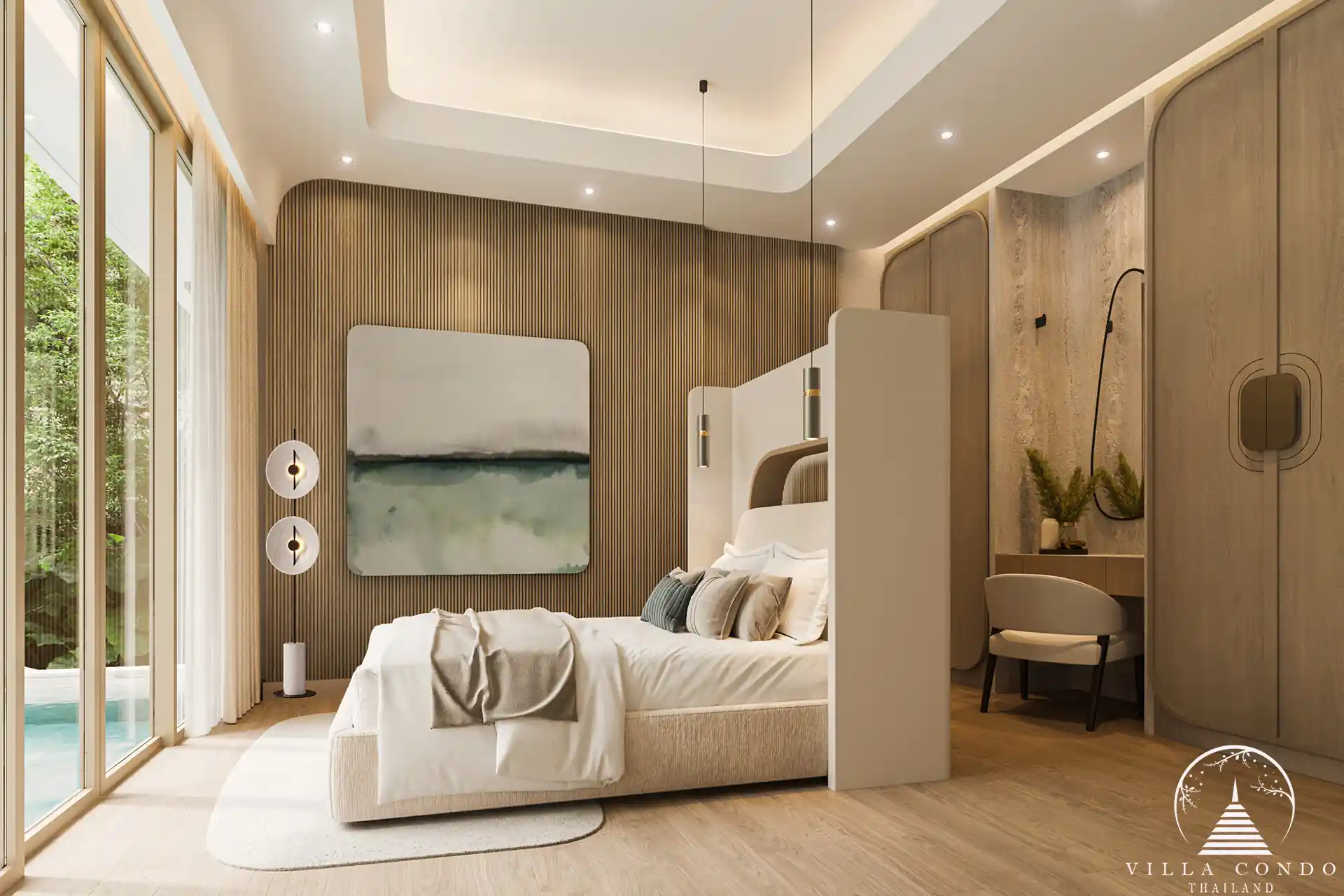 Guest bedroom at Nature's Rest Villa Sai Yuan with private balcony and modern furnishings.