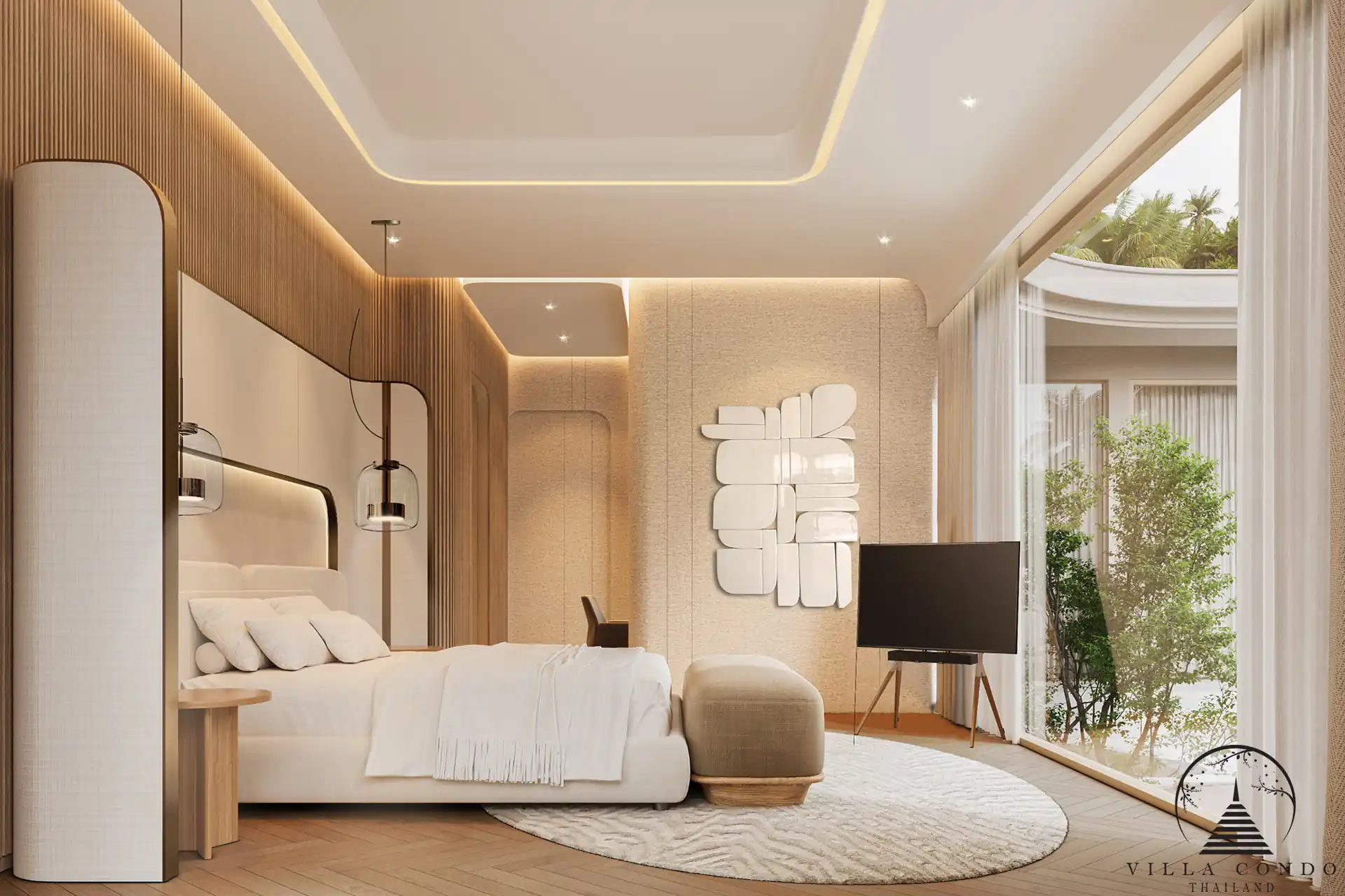 Luxurious master bedroom at Nature's Rest Villa Sai Yuan with pool view and modern furnishings.