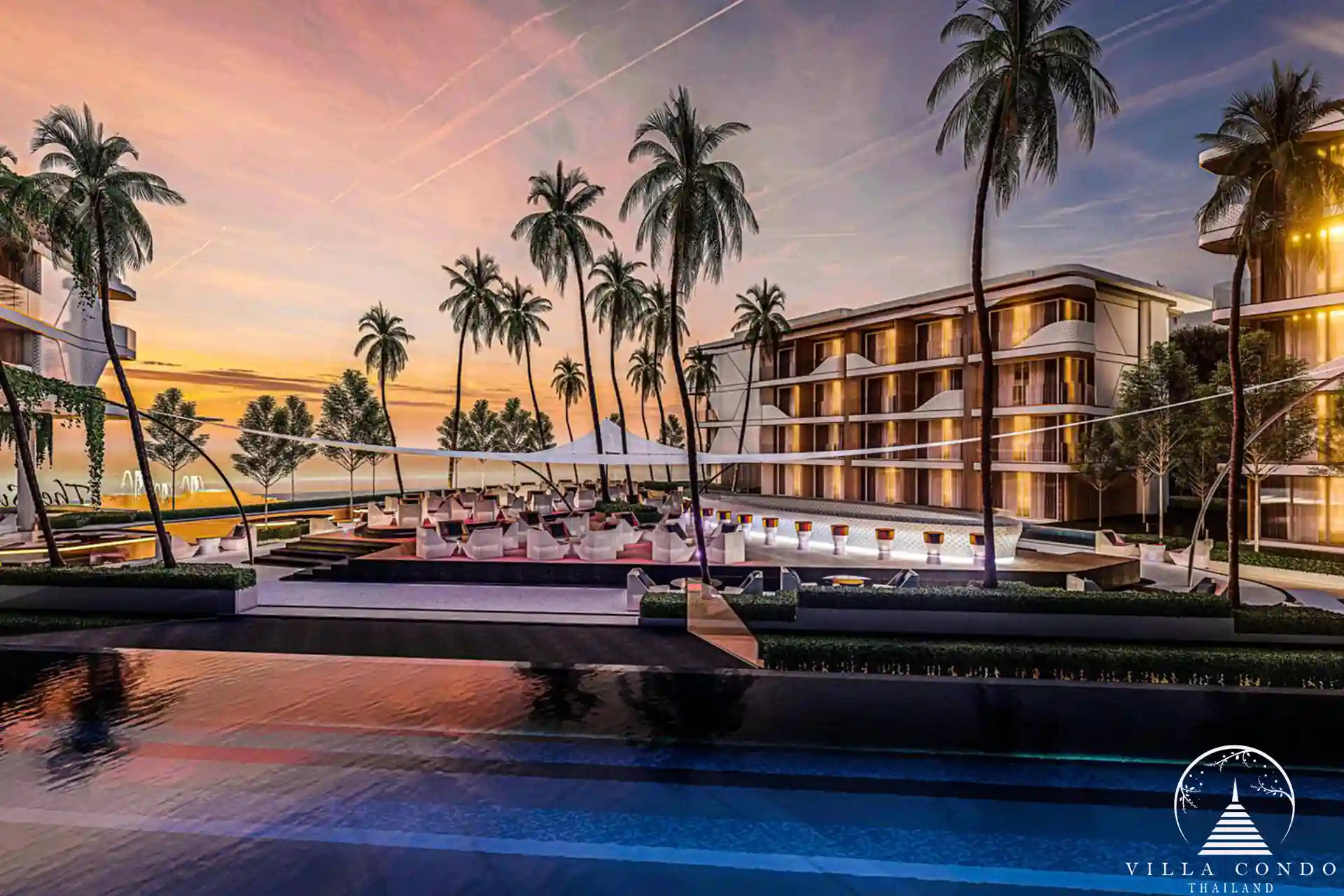 Pool at Sunshine Beach Beachfront Resort & Residences with a sunset view over the ocean.