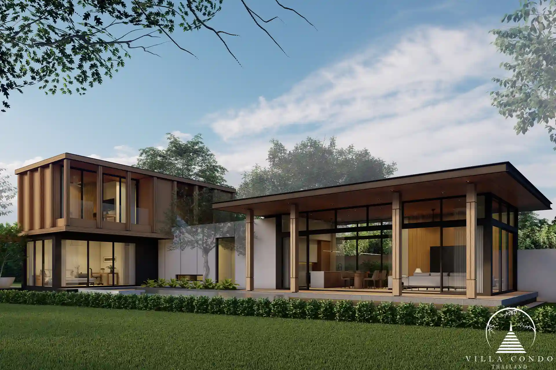 Back view of The Baya Villas with private pool and terraces.