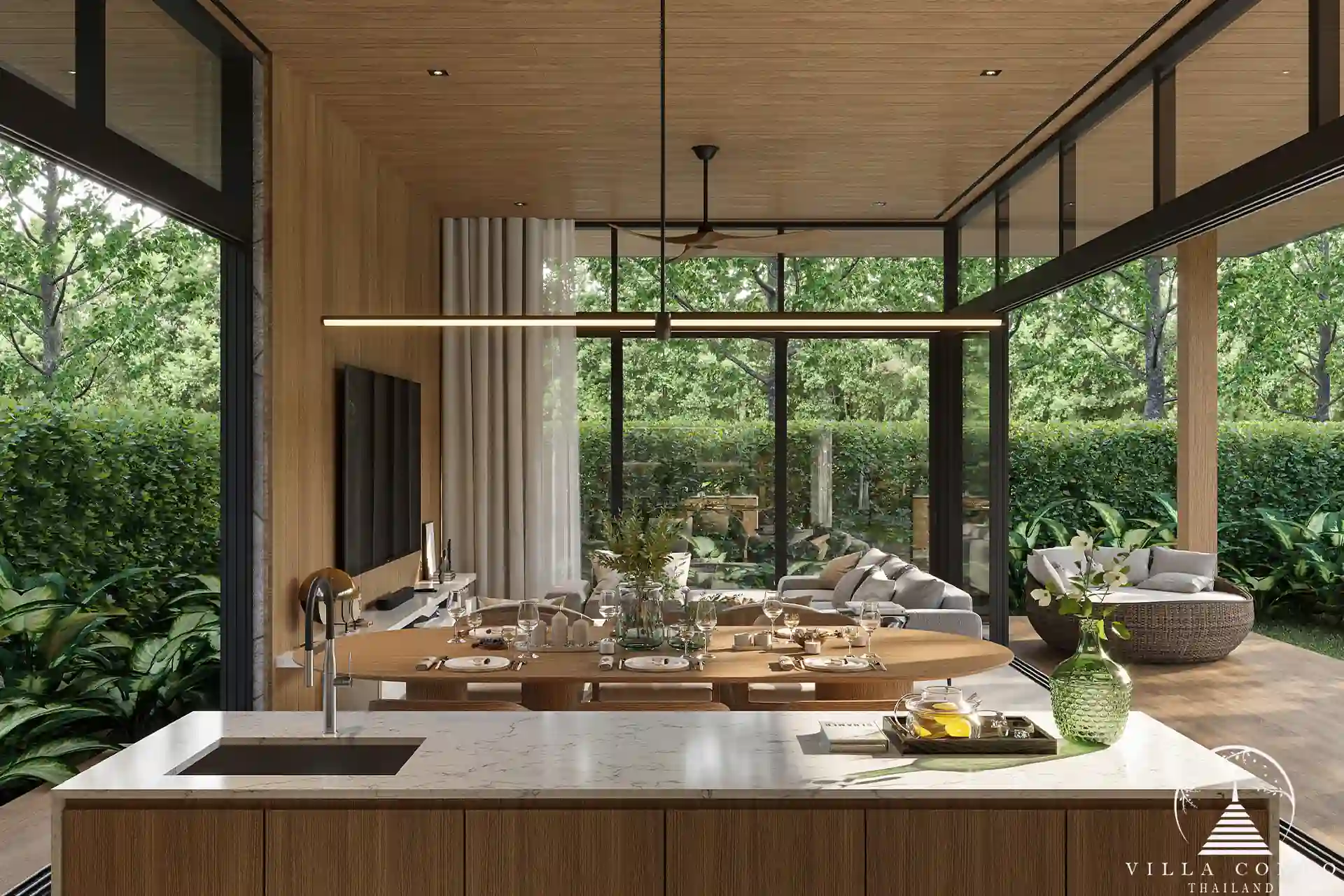 Open-plan living and dining area at The Baya Villas.