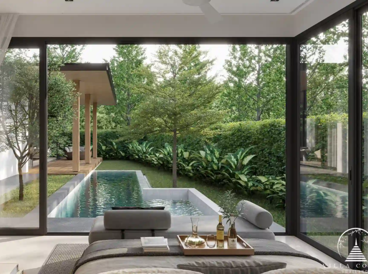 Elegant bedroom with pool access at The Baya Villas.
