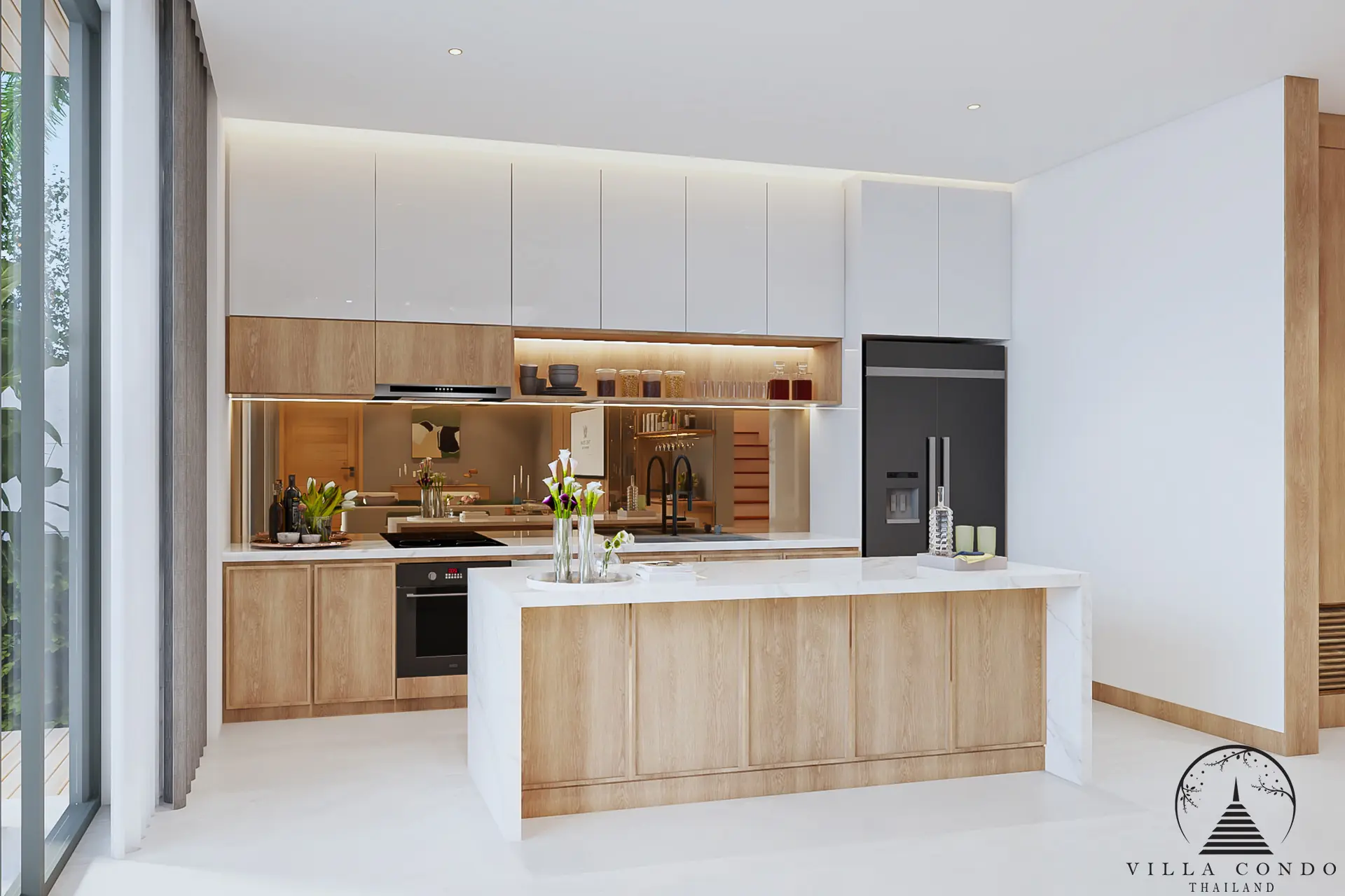 Modern kitchen with island and teakwood accents at The Teak Phuket