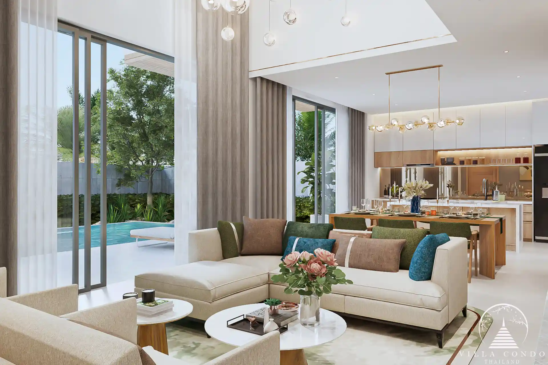 Spacious living area with high ceilings at The Teak Phuket