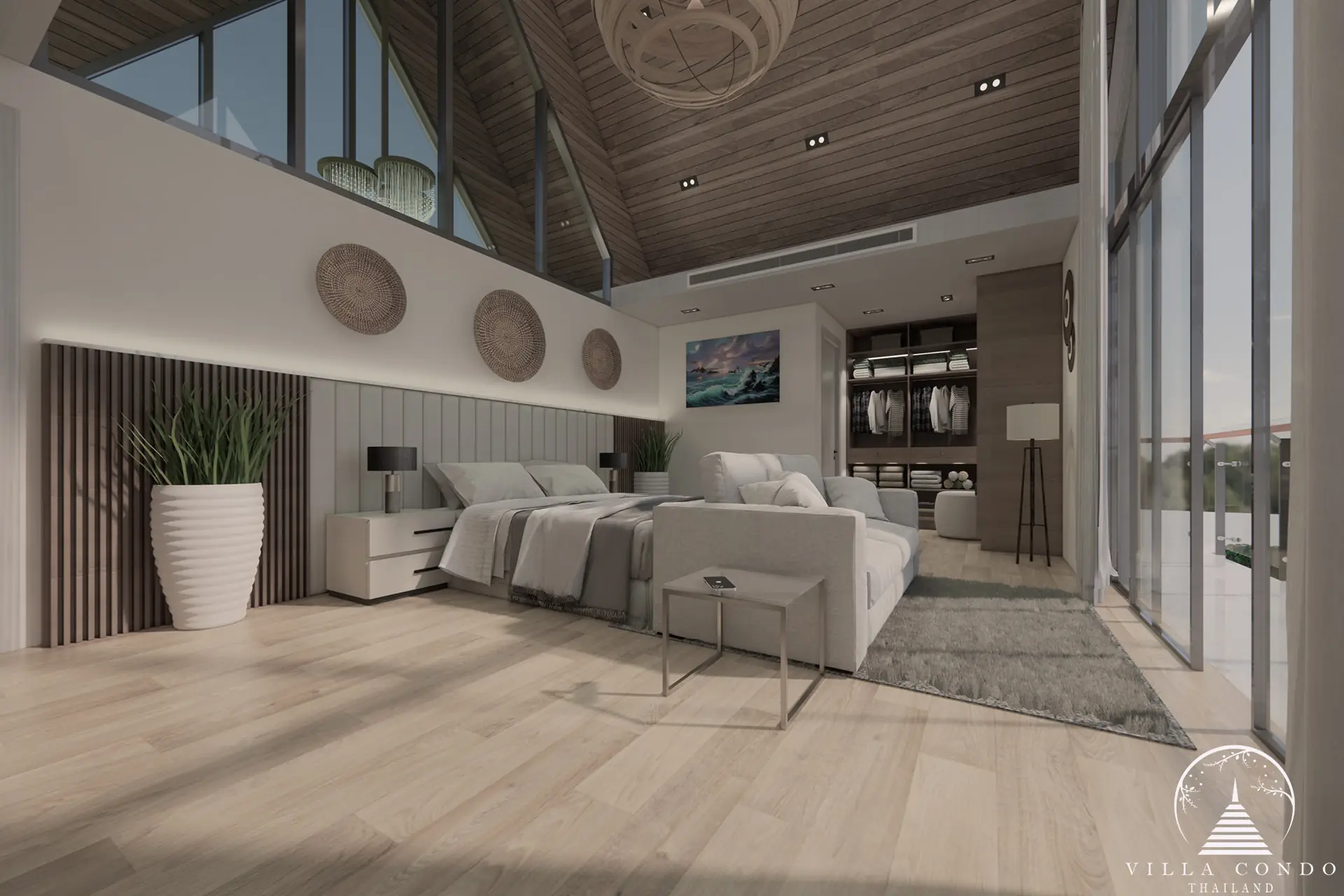 Spacious master bedroom at Unique Villa Kata with modern decor and balcony.