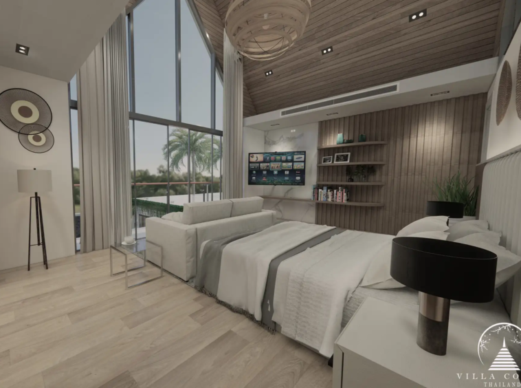 Spacious master bedroom at Unique Villa Kata with modern decor and balcony.