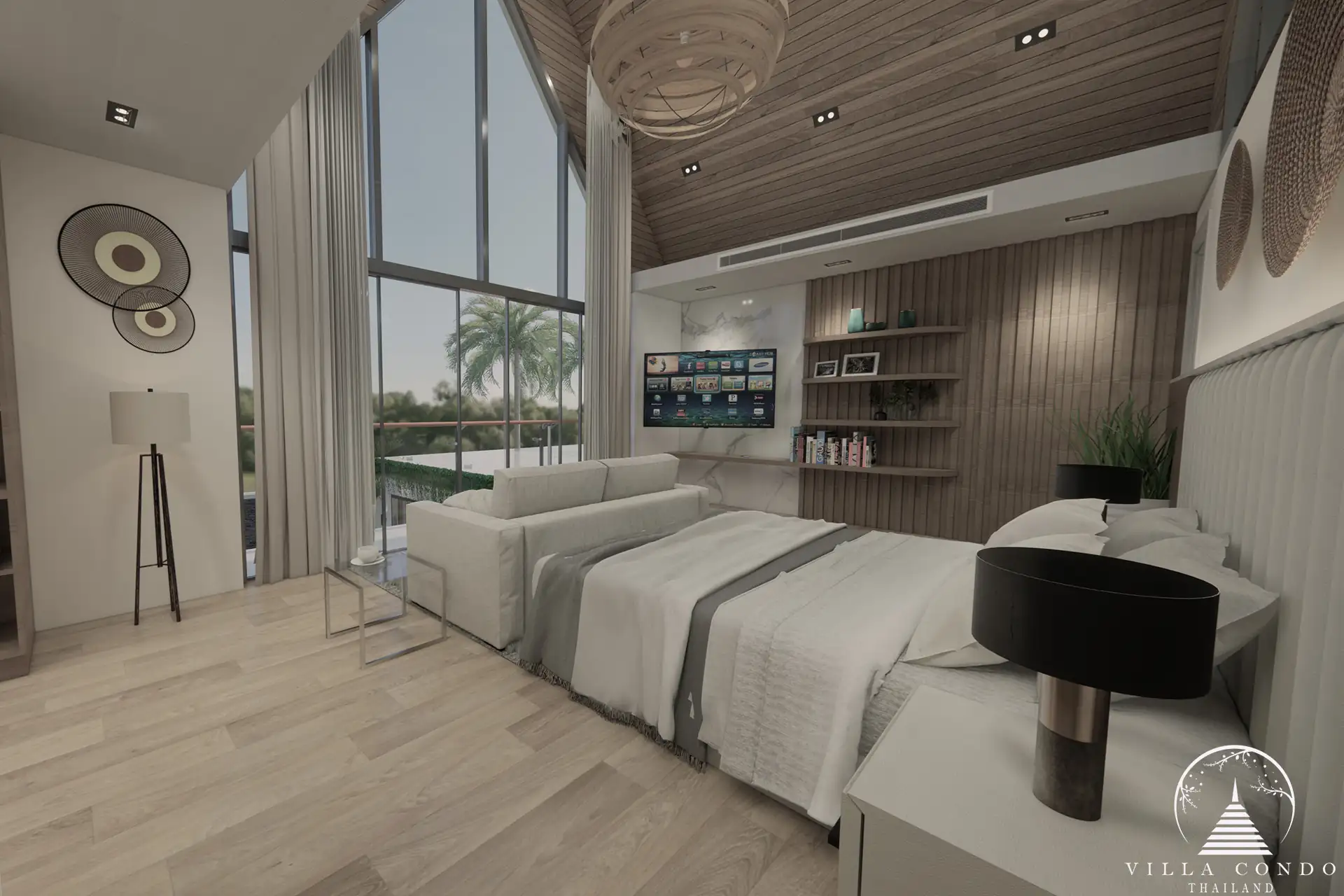 Spacious master bedroom at Unique Villa Kata with modern decor and balcony.