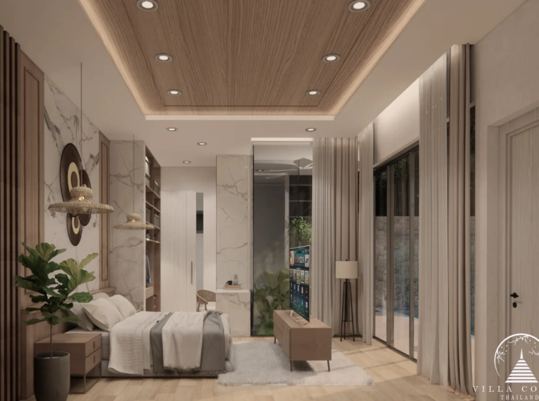 Luxurious bedroom at Unique Villa Kata with elegant decor and garden views.